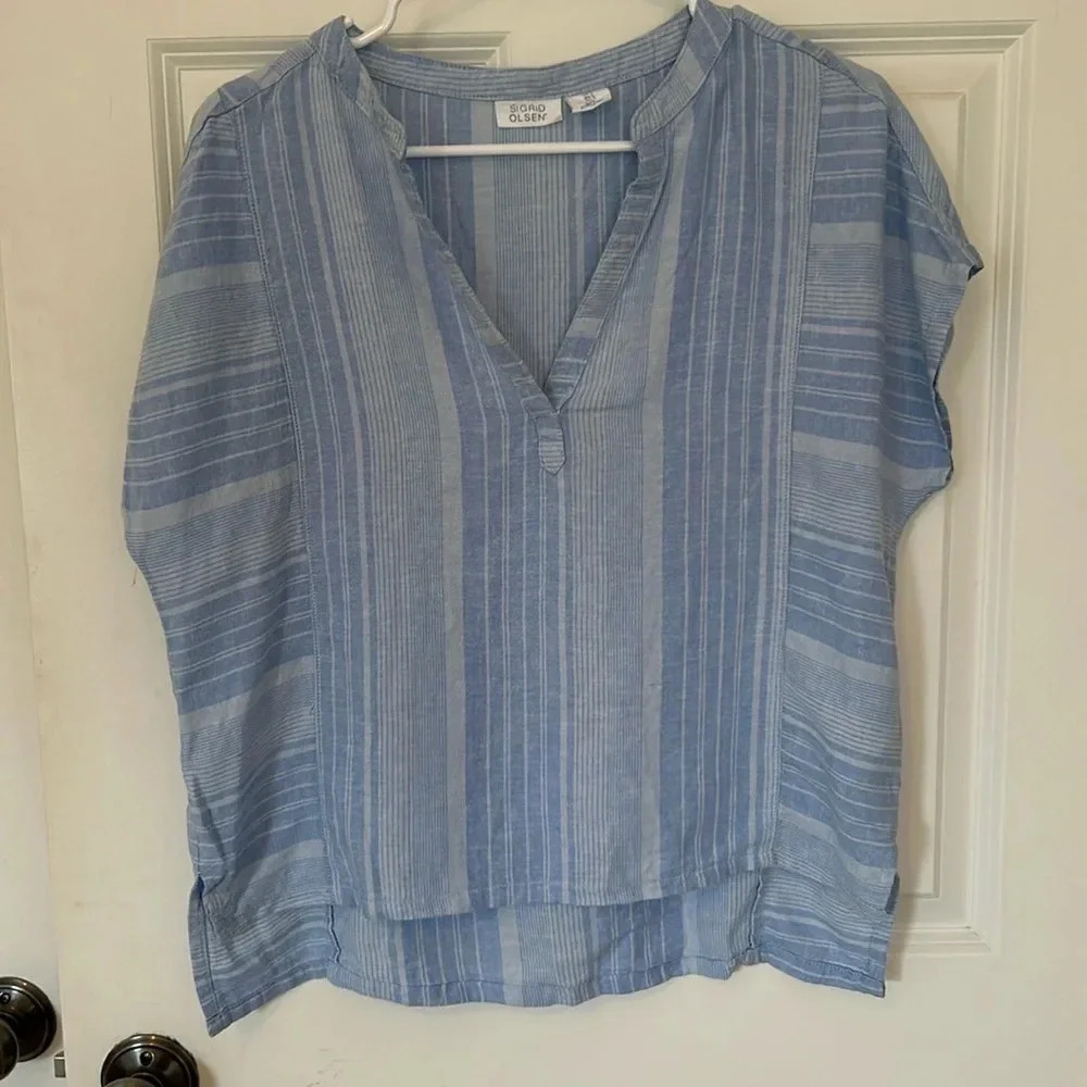 Sigrid Olsen linen short sleeve shirt size small blue horizontal vertical stripe